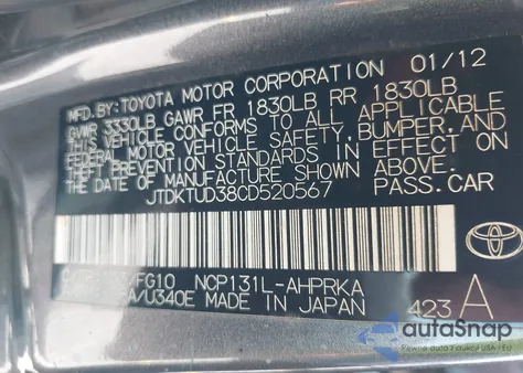 2012 Toyota Yaris Le from USA, damaged, VIN JTDKTUD38CD520567